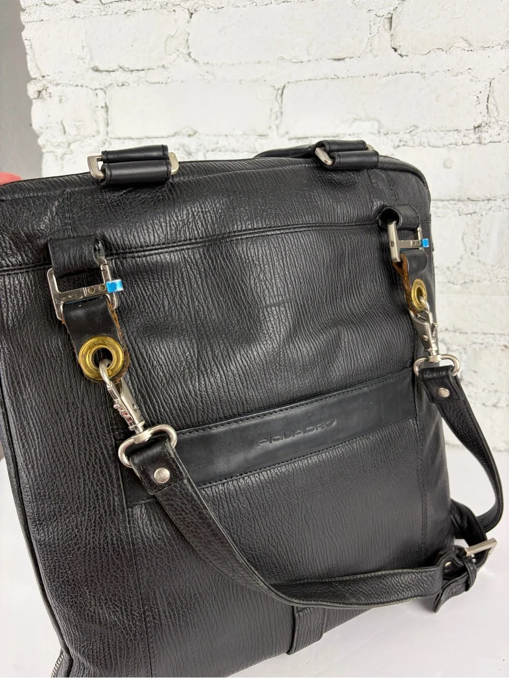 Piquadro Black Leather Vertical Briefcase Laptop Sleeve Travel Bag